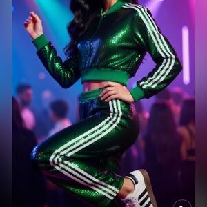 Green Sequin Track Joggers Suit with white stripes sz Small